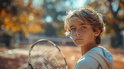 Naklejka premium BOY PLAYING TENNIS AT THE COURT, HAPPY HEALTHY KID DOING SPORT WHILE EXERCISING PLAYING OUTDOOR TENNIS GAME