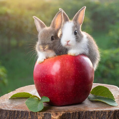 빨간 사과 위 두 마리 귀여운 토끼 - obrazy, fototapety, plakaty