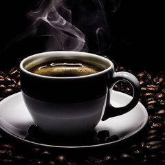 Cup of coffee with smoke and coffee beans on a black background