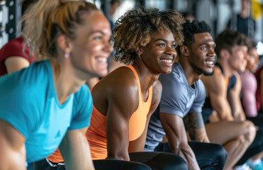 A diverse group of people doing squats in the gym, smiling and having fun together. The scene captures their energy and strength as they work out together