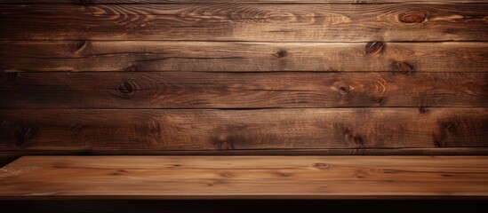 A brown hardwood table made of wood planks with a wooden wall in the background. The tables surface has a beautiful wood stain pattern in a rectangular shape