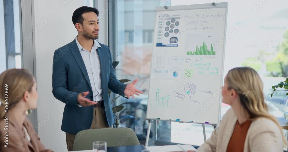 Poster Meeting, presentation and speaker with business people and chart, graph and finance statistics in office. Teamwork, corporate and men and women in discussion for research, planning and project review