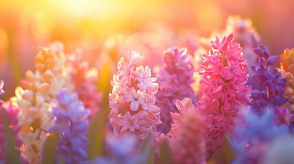 Fototapeta na wymiar Golden Sunrise Hyacinth Bliss; a Field of Hyacinth at Sunrise. Generative AI. 