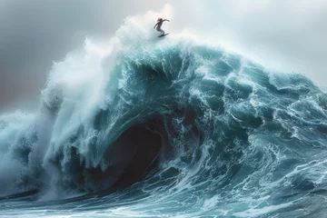 Keuken spatwand met foto Female surfer surfing on big ocean waves. , Splashing and riding a surfboard on waves is a dynamic sea action sport. challenge concept. © omune