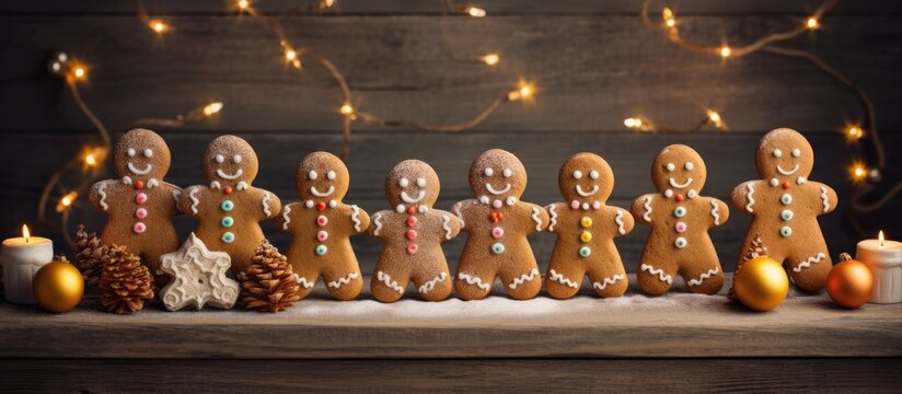 A row of gingerbread men sculptures made of metal and placed on a wooden table. The art installation is a creative way to share the holiday spirit at an event