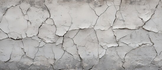 Detailed monochrome photography showcasing the intricate pattern of a cracked concrete wall, blending soil, rock, and composite materials