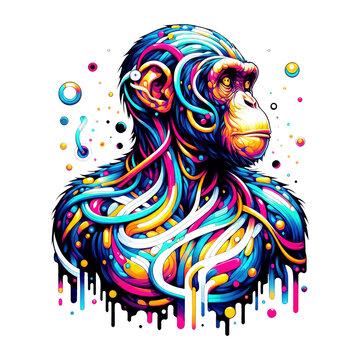 chimpanzee, monkey in colorful illustration with neon abstract psychedelic acid style, good for print, t-shirt, sticker, poster, 