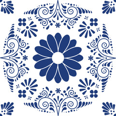 Fototapeta na wymiar Ethnic folk ceramic tile in Talavera style with navy blue floral ornament. Seamless pattern, traditional Portuguese, Mexican and Spanish decoration. Mediterranean porcelain ceramics.