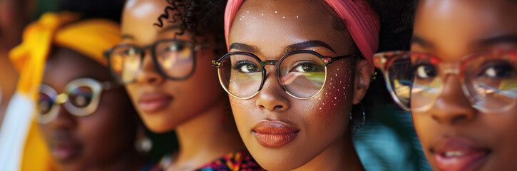 A close up portrait of a beautiful young woman wearing glasses and a head scarf standing in front of other multicultural women. They all have different hair styles, some with curly blonde