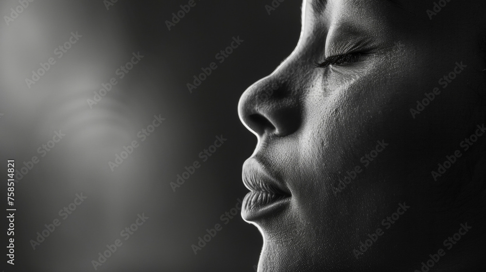 Poster a black and white image of a persons face in profile their eyes closed and a peaceful expression on 
