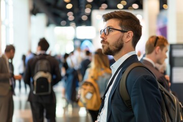 Business traveler attending a conference or trade show, networking with industry peers and exploring new business opportunities, Generative AI