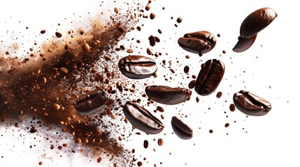 Illustration Spray of arabica grains with splashes of brown dust and roasted ground coffee, isolated on a white background. - obrazy, fototapety, plakaty