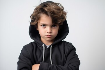 Little boy in a black hoodie on a gray background. Close-up.