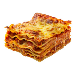 slice of lasagna with melted cheese on top and minced meat filling close-up isolated on white and transparent background with shadow