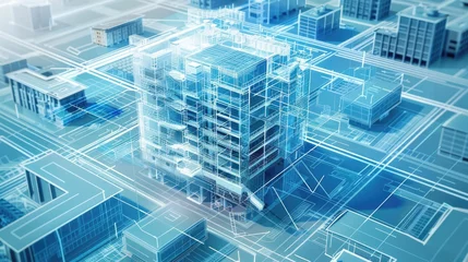 Foto op Plexiglas Futuristic 3D CAD urban planning visualization with highlighted commercial high-rise building © Nakarin
