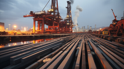 Steel and round steel plates waiting to be shipped for export (good for industrial photos)