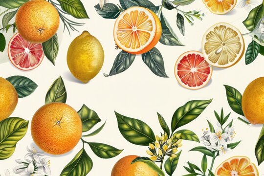 A botanical illustration of citrus fruits with detailed labels