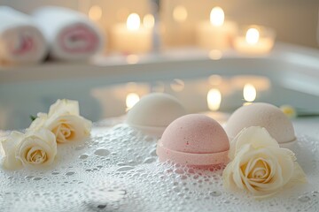 Obraz na płótnie Canvas A relaxing bath with natural bath bombs and candles focusing on self-pampering