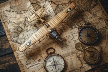 A vintage aviation background with old maps compasses and airplanes
