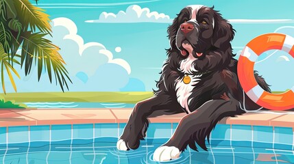 A cartoonish Newfoundland dog as a lifeguard