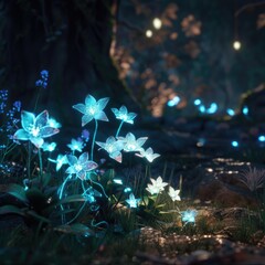 A cluster of flowers that glow with bioluminescence lighting up a mystical grove