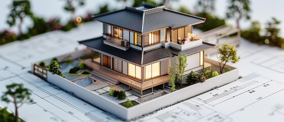 3D isometric view of a traditional Japanese house CAD model with surrounding trees