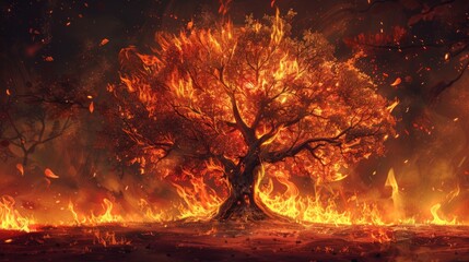 close-up view of a burning tree, damaged by forest fire.Ai generated