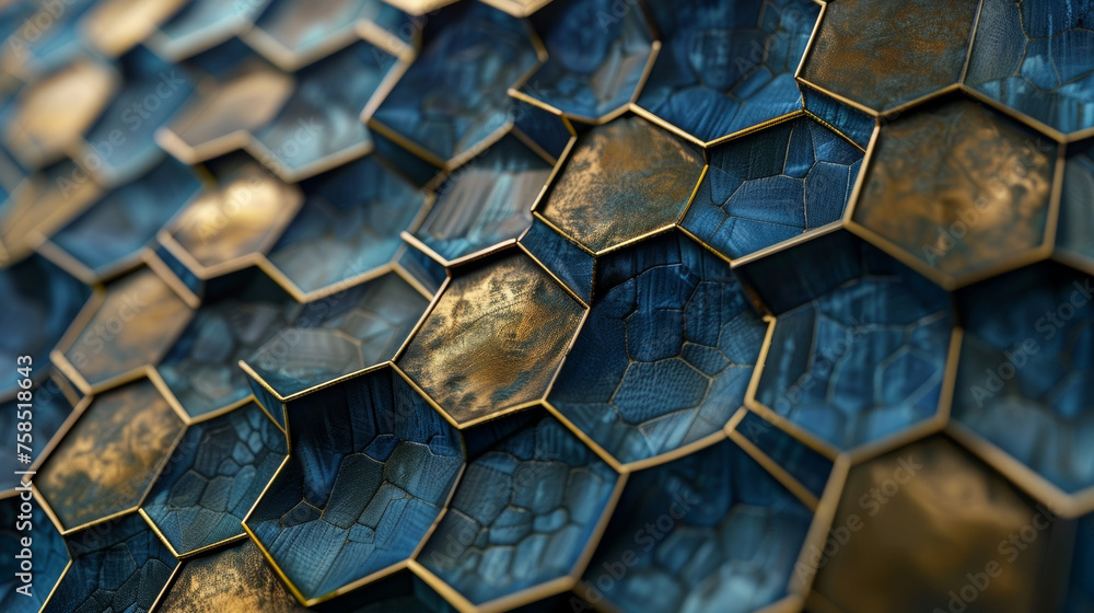 Poster a closeup of a textured wallpaper with a honeycomb pattern in shades of deep blue and metallic gold 