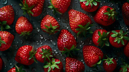 top views of fresh red strawberry fruits with visible water drops