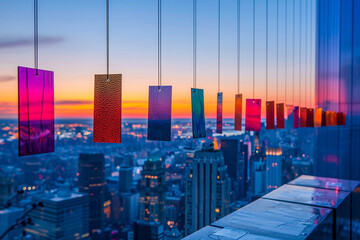 A series of wind chimes each tuned to represent the stock markets opening bell in different financial centers