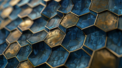 A closeup of a textured wallpaper with a honeycomb pattern in shades of deep blue and metallic gold adding a touch of sophistication to a modern interior. - obrazy, fototapety, plakaty