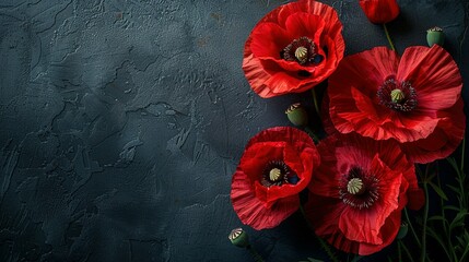 Red poppies on black background. Remembrance Day, Armistice Day symbol - obrazy, fototapety, plakaty