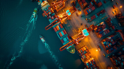 Overhead shot of a trade port bustling with activity as cargo ships load and unload at dusk, ariel...