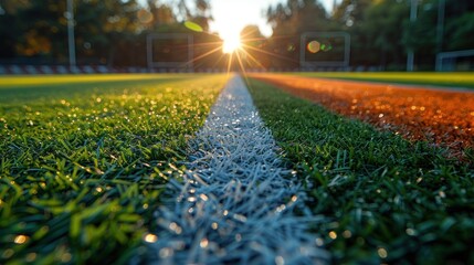 Green grass and sport lines painted at an outdoor playing field (artificial covering). - obrazy, fototapety, plakaty