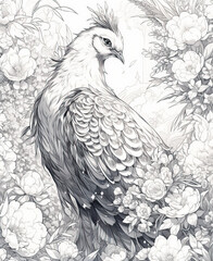 Fototapeta premium Black and white illustration for coloring birds, bird of paradise.