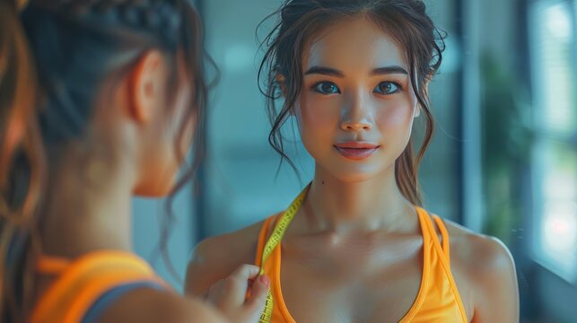 Weight lose, loss concept. Slim body asian young woman hand use tape measuring around waistline in fit sports. Girl looking reflect in mirror at home.