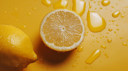 top views of fresh yrllow lemon fruits with visible water drops