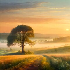 a tranquil early morning in the countryside, where a thin mist blankets the fields