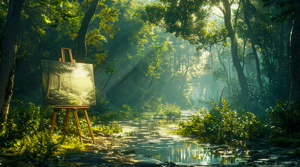 An easel sits at the edge of a luminescent forest glade the canvas a melding of neon fantasy and natural beauty - obrazy, fototapety, plakaty