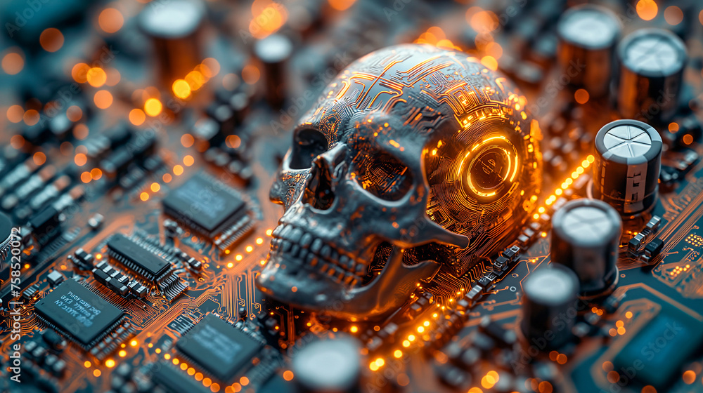 Poster a robotic skull with intricate circuit patterns and glowing eyes on a blue circuit board