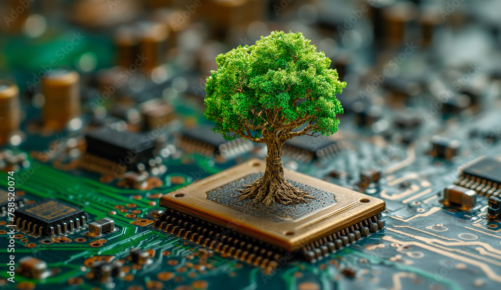 Poster a vibrant green tree grows out of a microchip on a circuit board, representing technology and nature