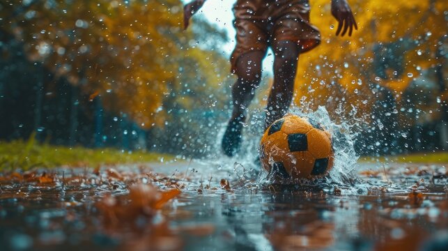 Water spraying on man kicking soccer ball