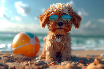 Funny puppy in sunglasses on the beach. The concept of a summer vacation on the seashore. Recreation with animals. Close-up, template with space for text.