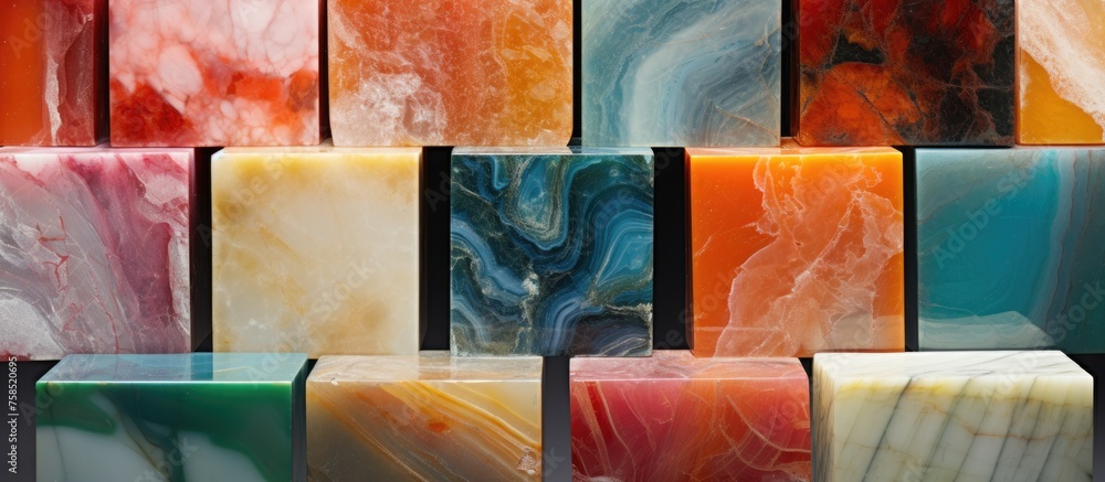 Poster a unique art installation showcasing stacks of different colored soap blocks resembling rectangular 