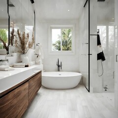 Charming and well-lit bathroom interior showcasing white-toned walls