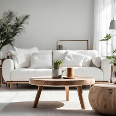 Scandinavian home interior featuring white sofa and round wood coffee table