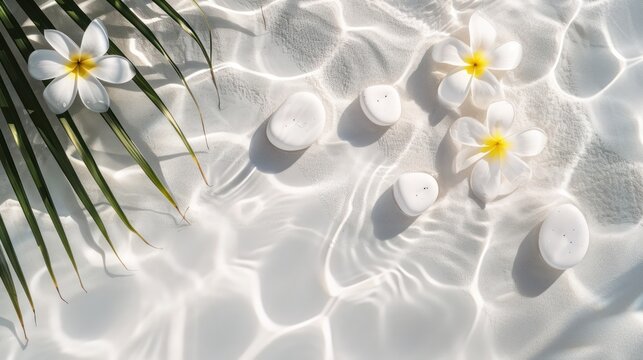 Beautiful spa background featuring white stones, lily flowers, and sun shadows on a transparent, clean white water surface with palm leaves.