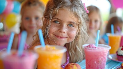  Girl kid with sparkling  eyes and sun-kissed freckles smiles gently at a colorful birthday party, with a foreground of vibrant fruit smoothies and juice. - obrazy, fototapety, plakaty