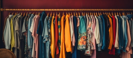 A closet showcasing an array of colorful clothes on clothes hangers, including Tshirts and sportswear, with electric blue garments standing out