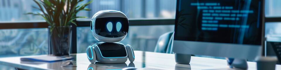 A robotic chatbot sits on a desk beside a computer screen displaying a customer service interface. Banner.